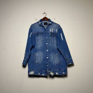 Love Tree Denim Jean Distressed Trucker Jacket Women M Blue Fall Winter Button